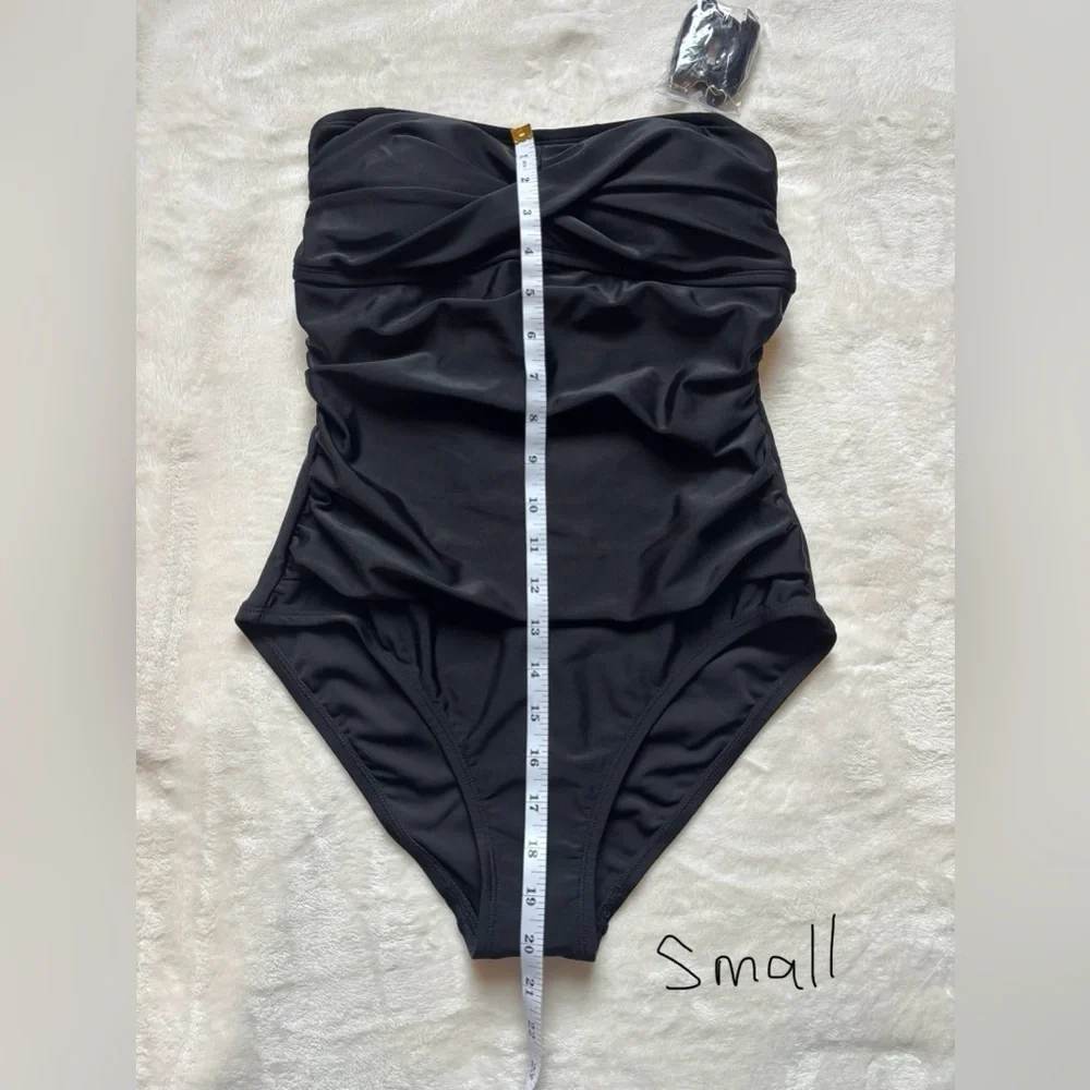 NWOT Kona Sol Black Strapless Ruched Slimming One-Piece Swimsuit lace up back